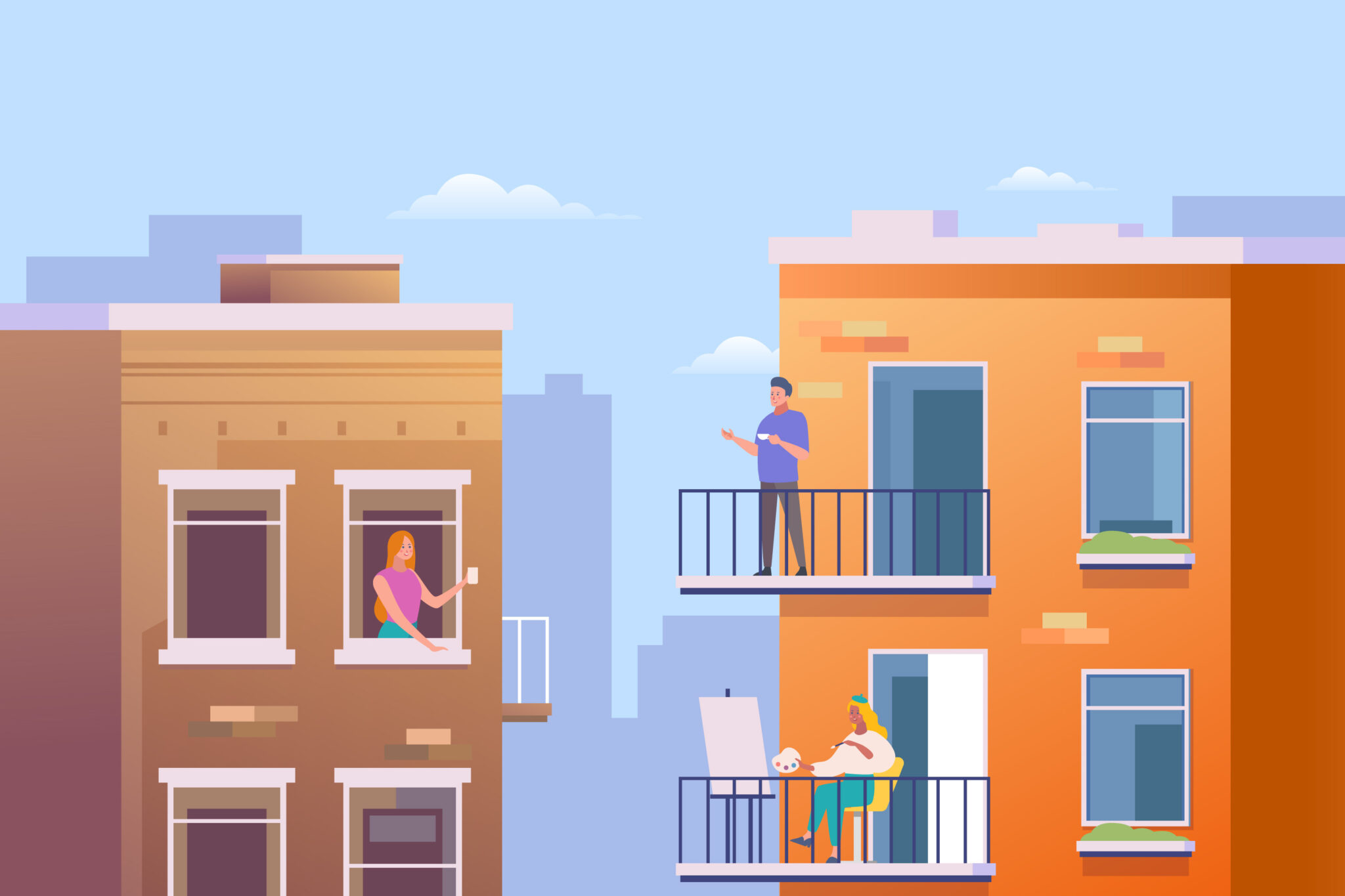 Personnes sur balcons et fenêtres d'immeubles.